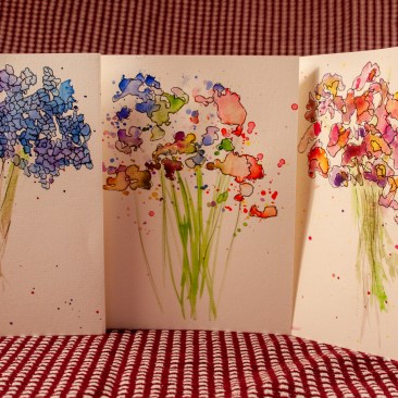 3 Handpainted Watercolor Cards of Abstract Expressionist Flowers