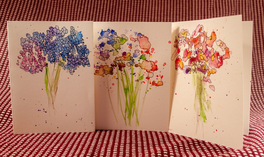 3 Handpainted Watercolor Cards of Abstract Expressionist Flowers