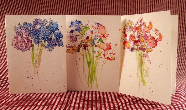3 Handpainted Watercolor Cards of Abstract Expressionist Flowers